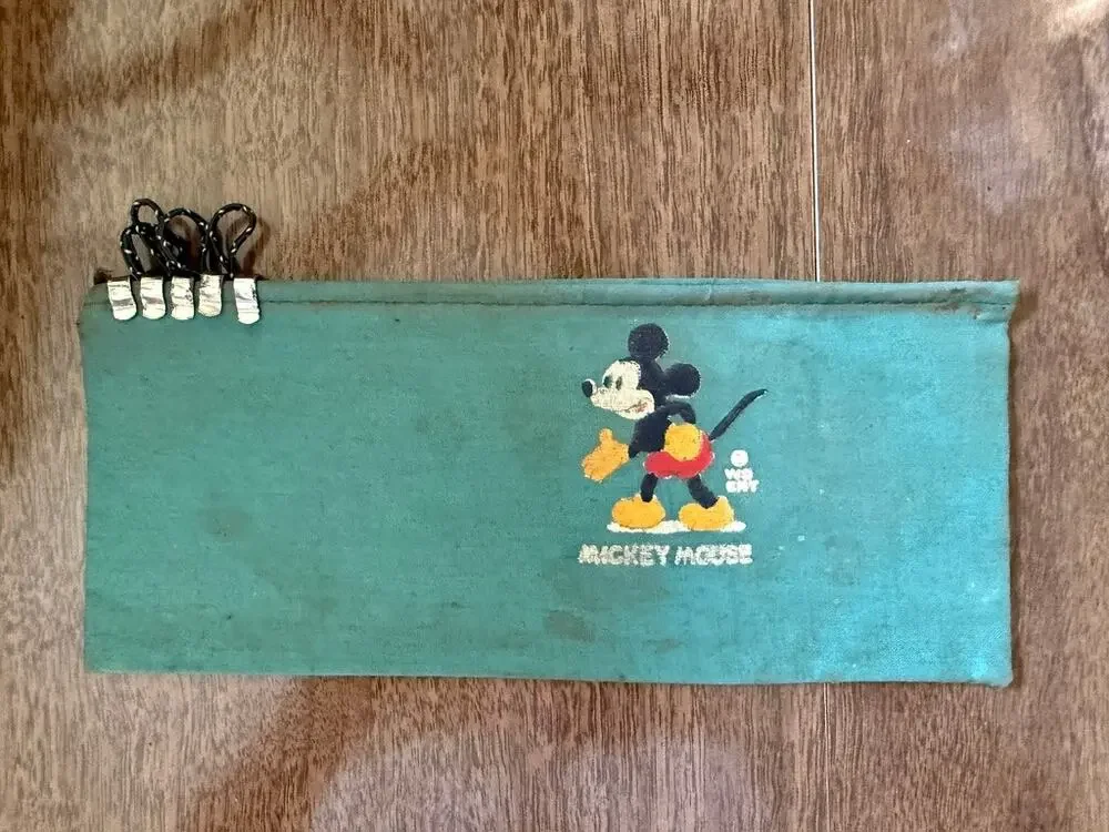 Vintage Blue Green Mickey Mouse Pencil Bag Early Disney Design